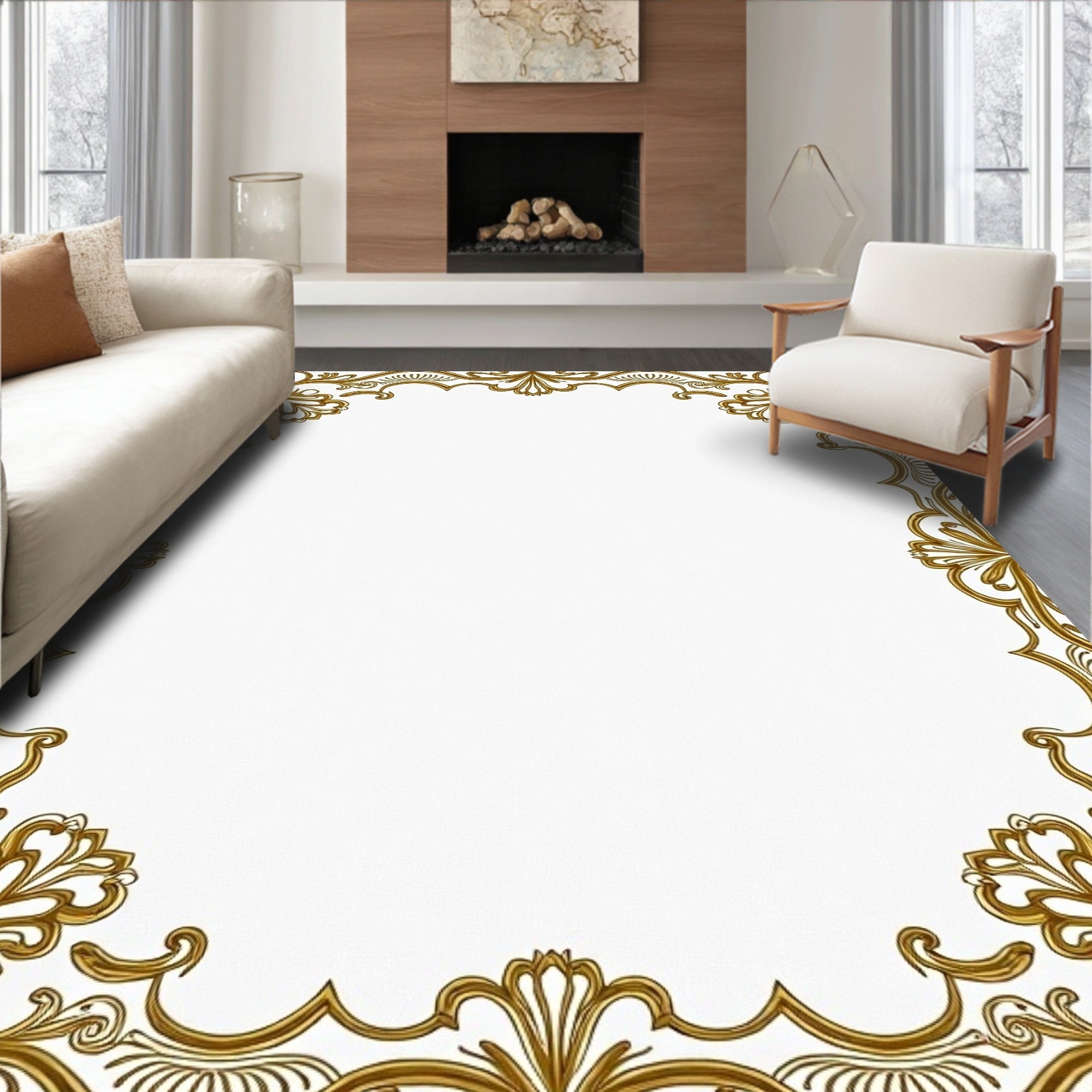 Elegant Gold Filigree Scrollwork Frame Rug