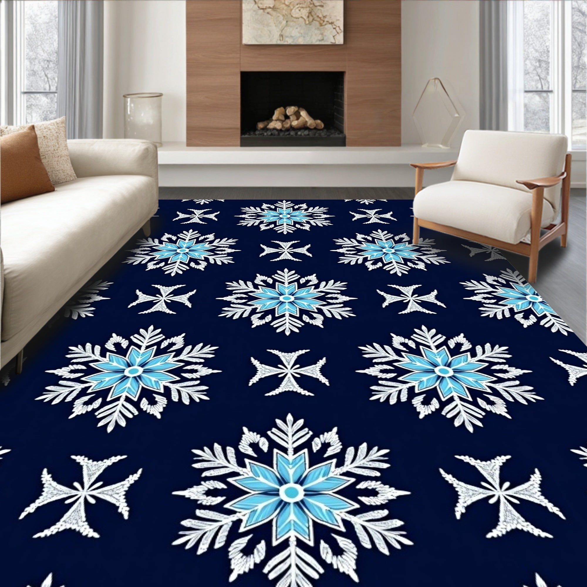 Sky Blue Snowflake Star Motif Rug