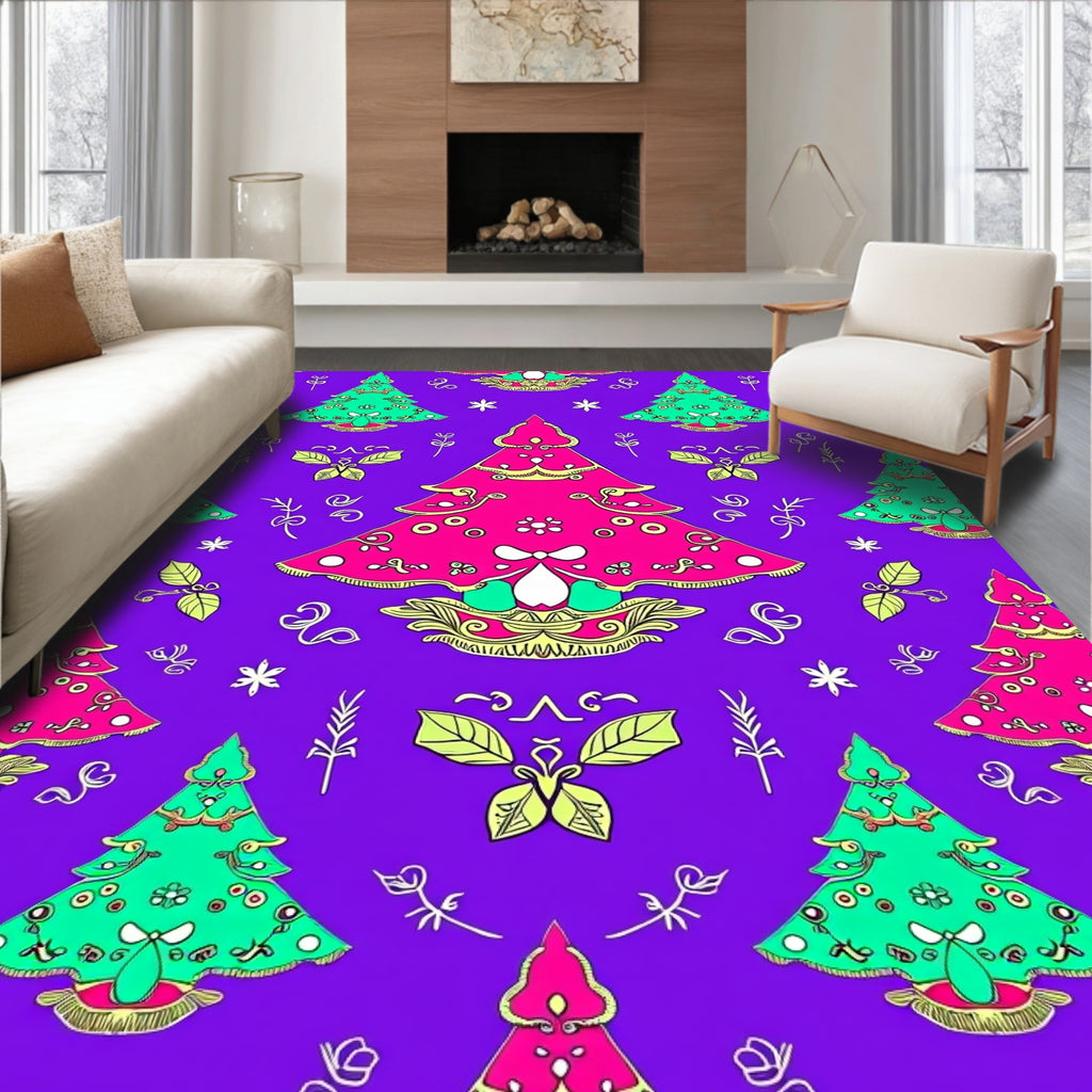 Vibrant Pink Green Christmas Trees Rug