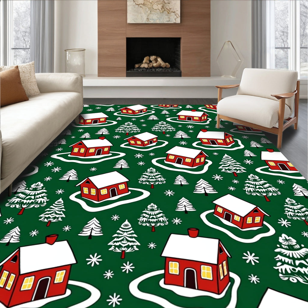 Cozy Red Houses Winter Scene Rug