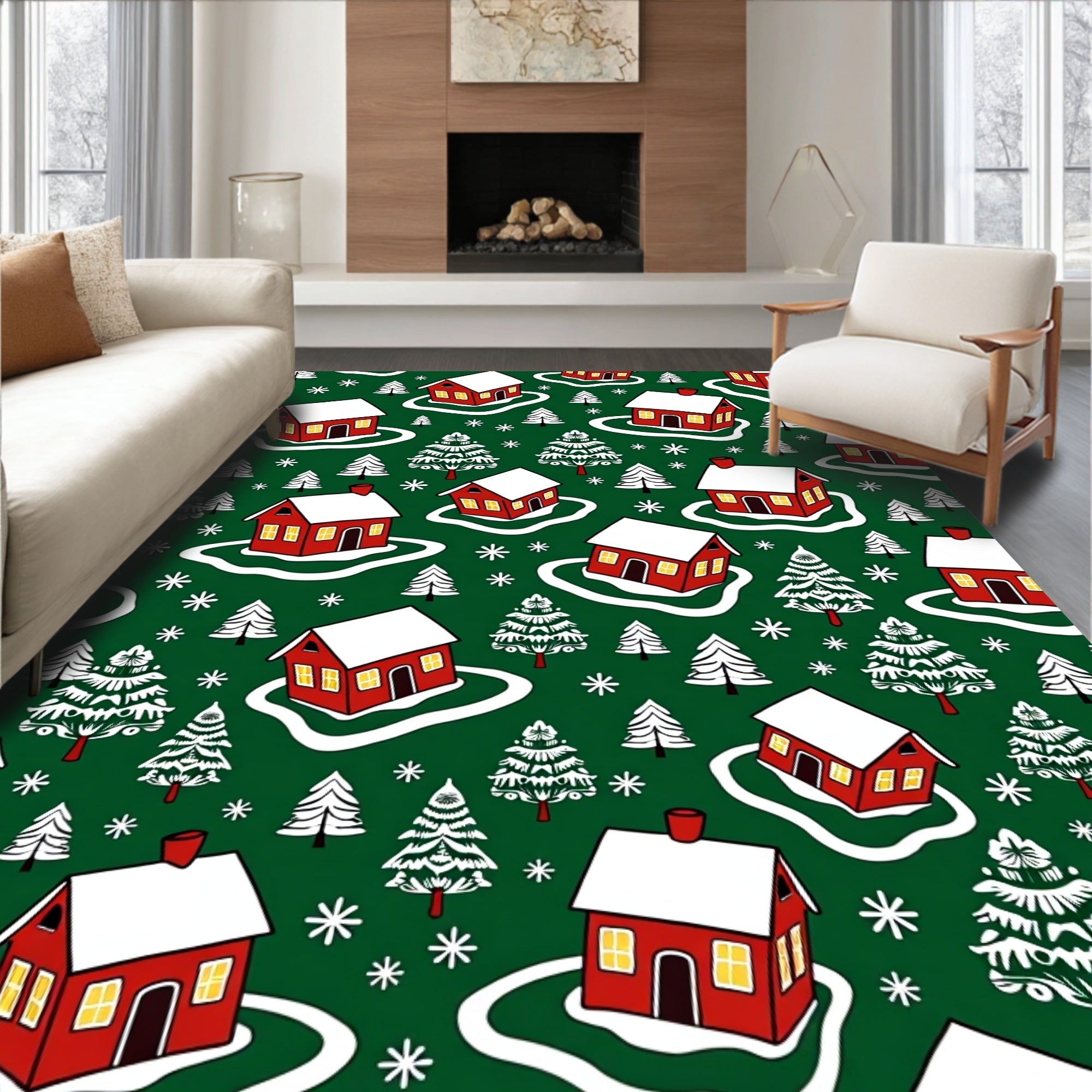 Cozy Red Houses Winter Scene Rug