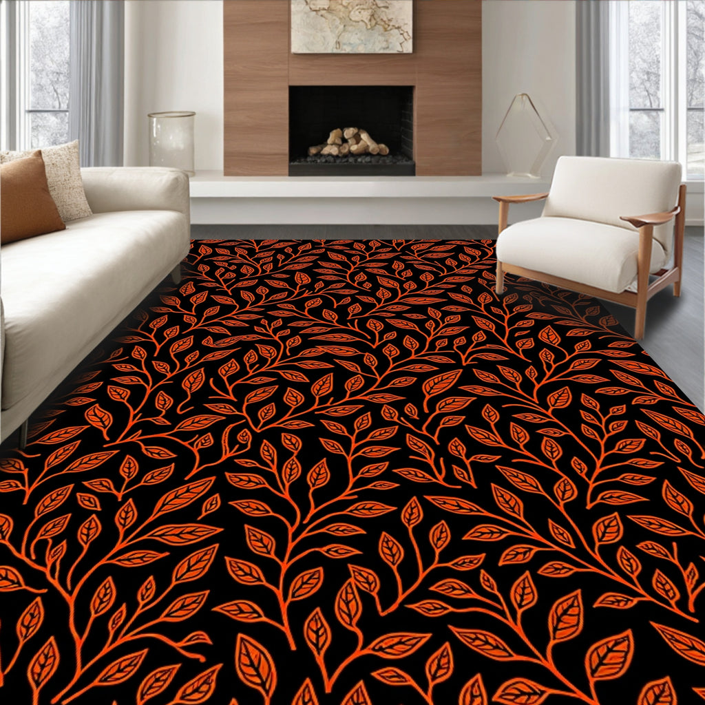 Orange Vine Leaf Black Background Rug