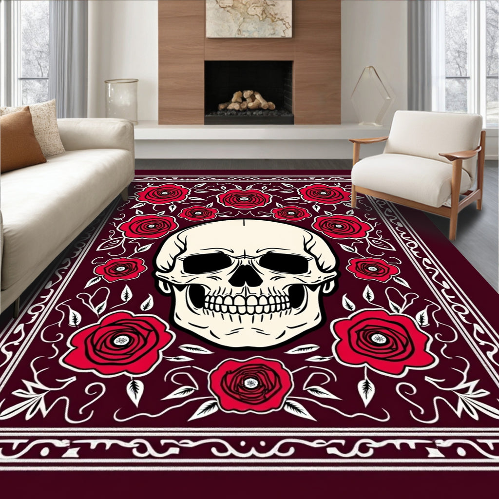 Crimson Red Rose Skull Border Rug