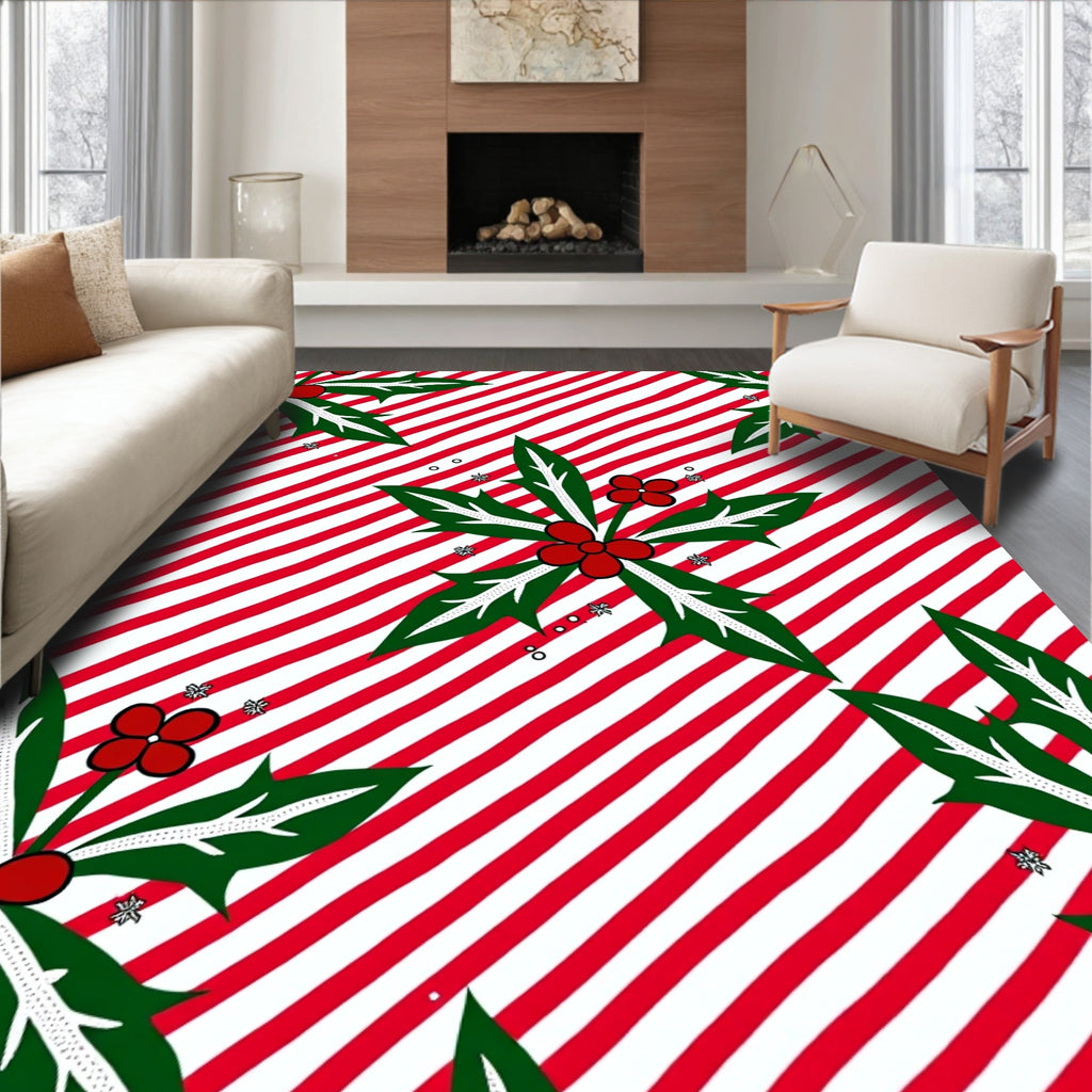 Red White Striped Holly Garland Rug