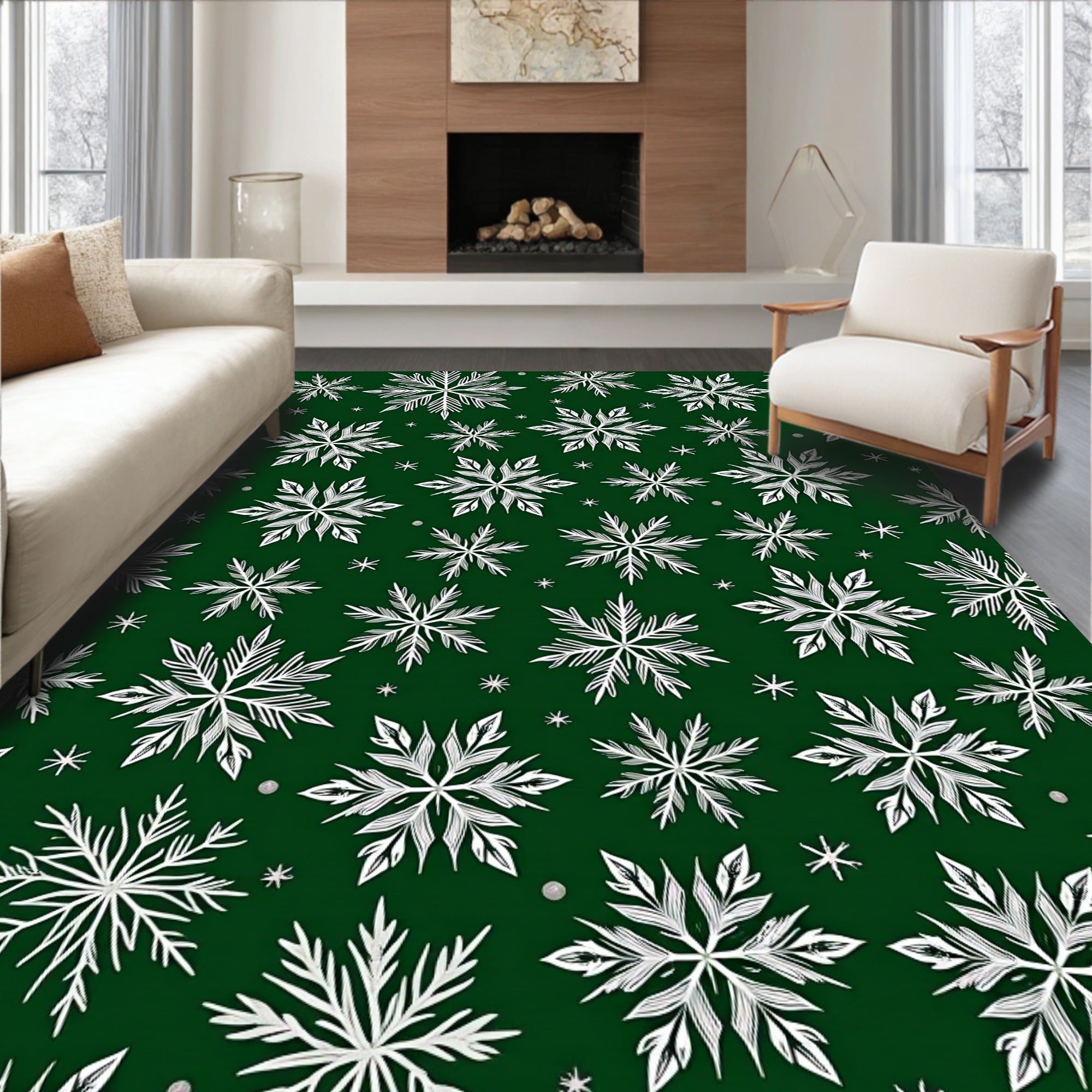 White Snowflake On Deep Green Rug