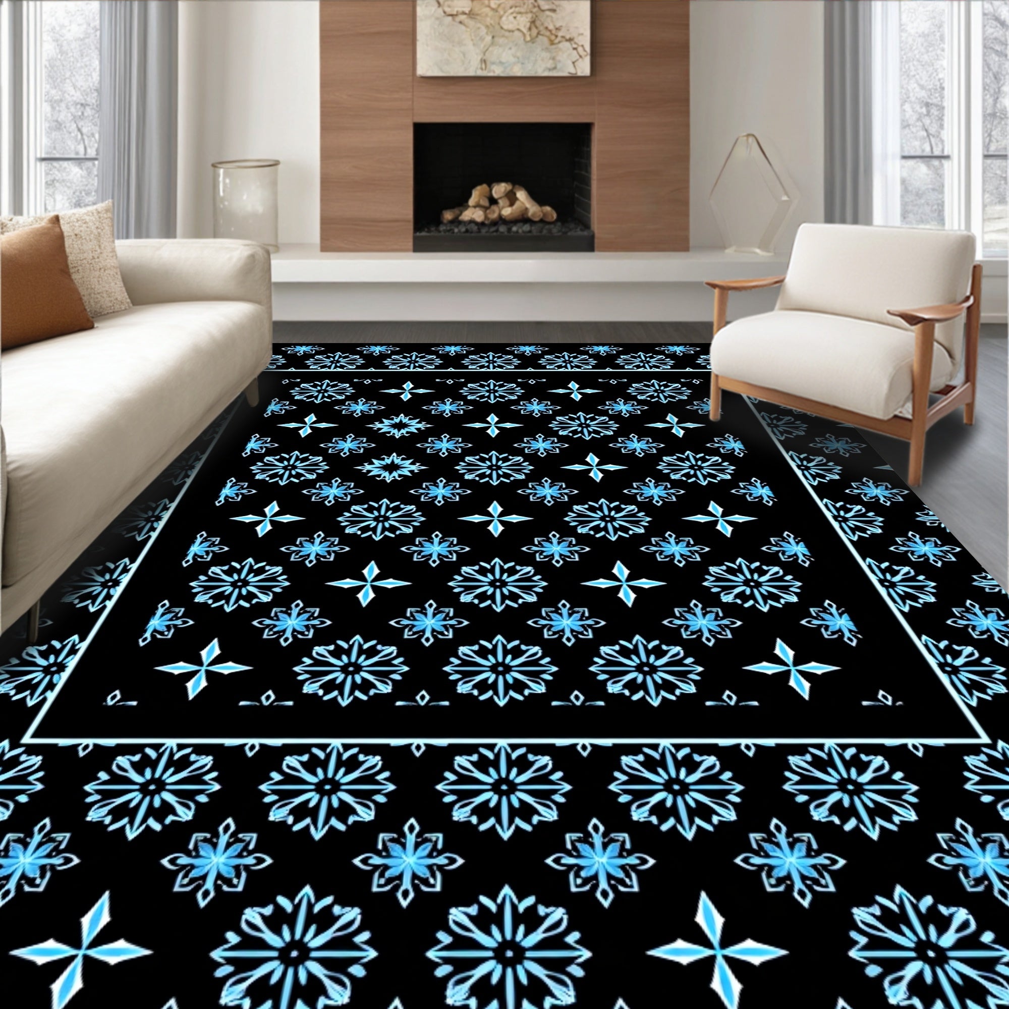 Ice Blue Snowflake Geometric Border Rug