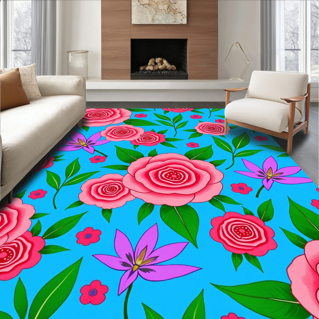 Pink Roses Blue Floral Garden Rug