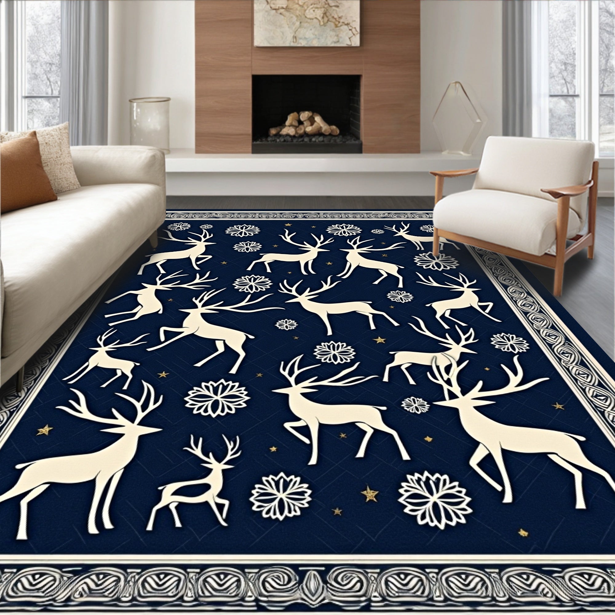 Midnight Navy Reindeer Snowflake Wonder Rug