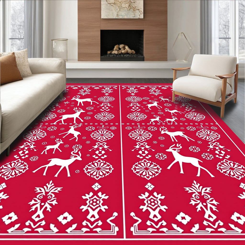 Red Festive Deer Snowflakes Nordic Rug