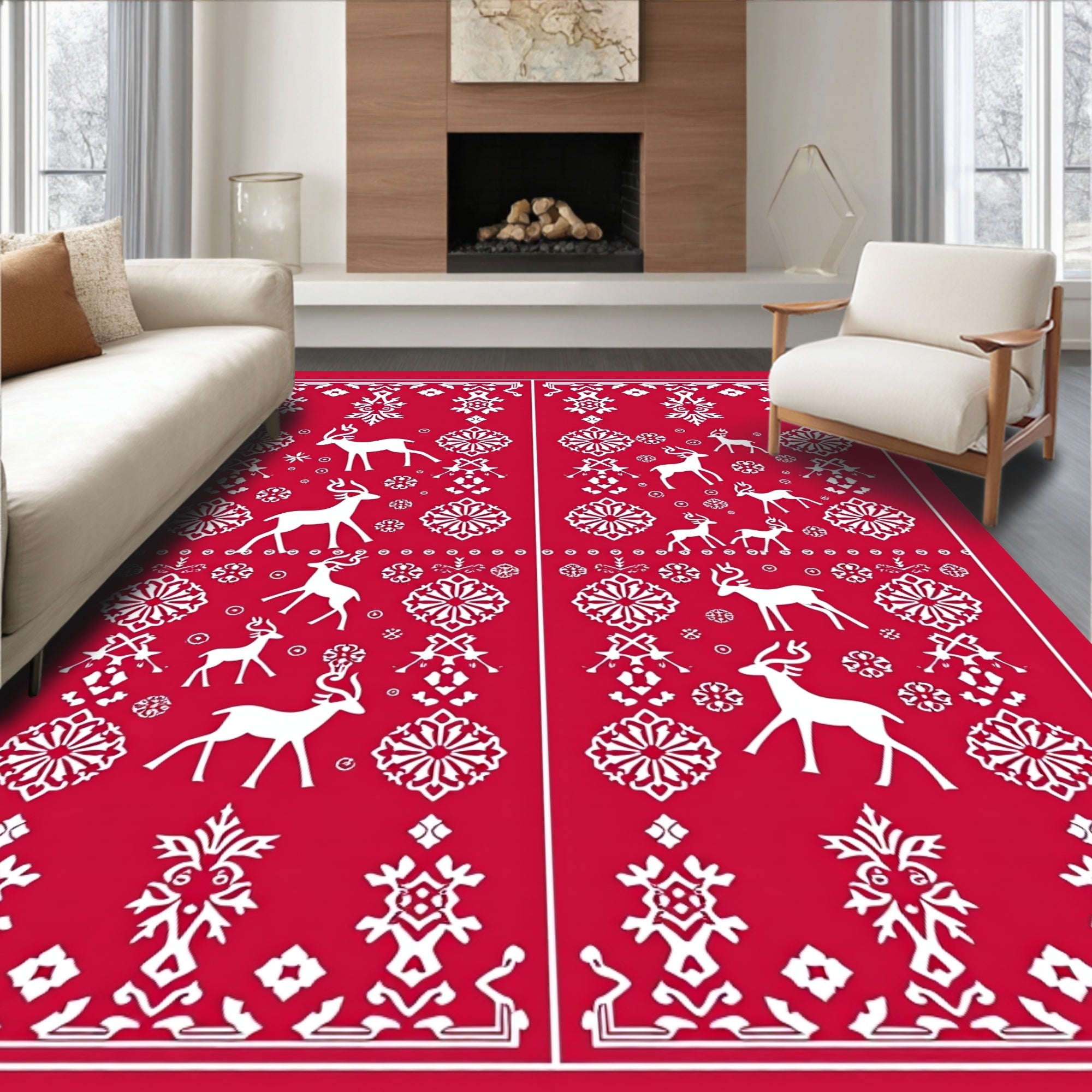 Red Festive Deer Snowflakes Nordic Rug