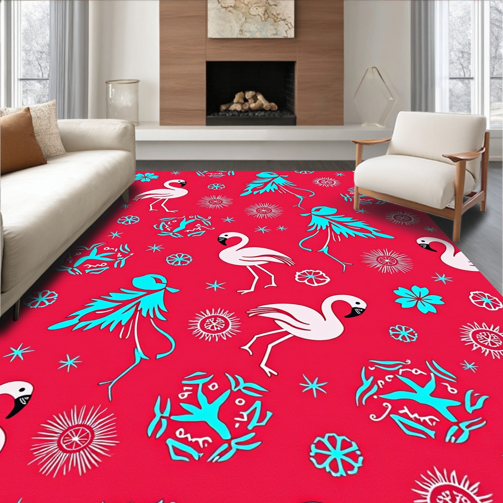 Red White Teal Flamingo Starburst Collage Rug