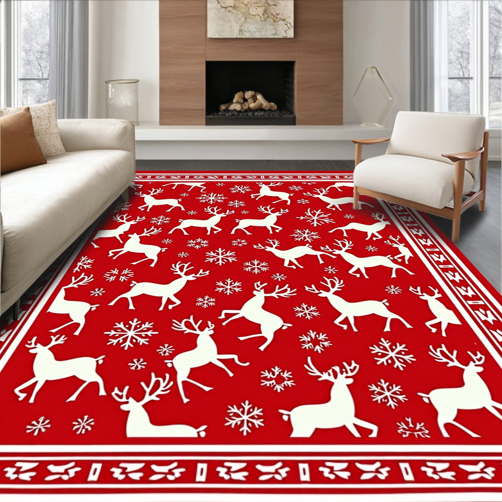 Classic Red White Reindeer Snowflakes Rug