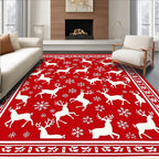 Classic Red White Reindeer Snowflakes Rug