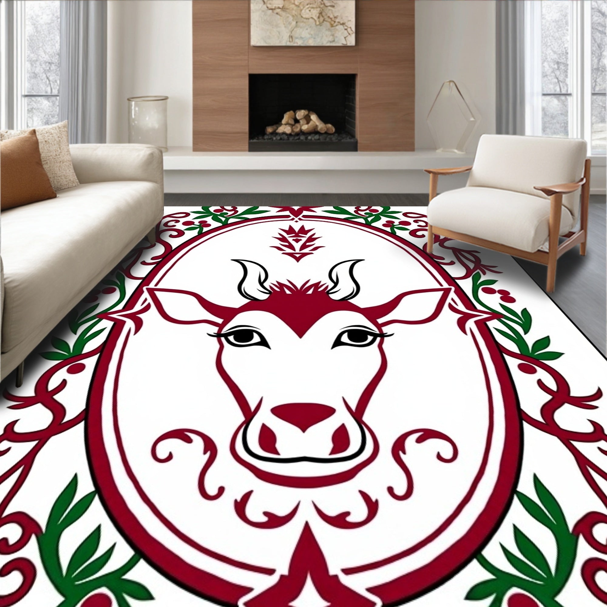 Crimson Deer Oval Folk Art Rug