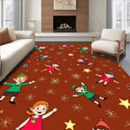 Christmas Elves and Stars Brown Background Rug