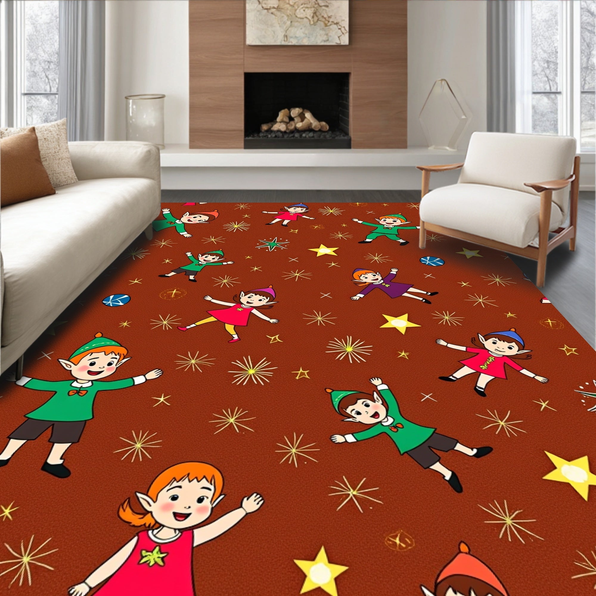 Christmas Elves and Stars Brown Background Rug