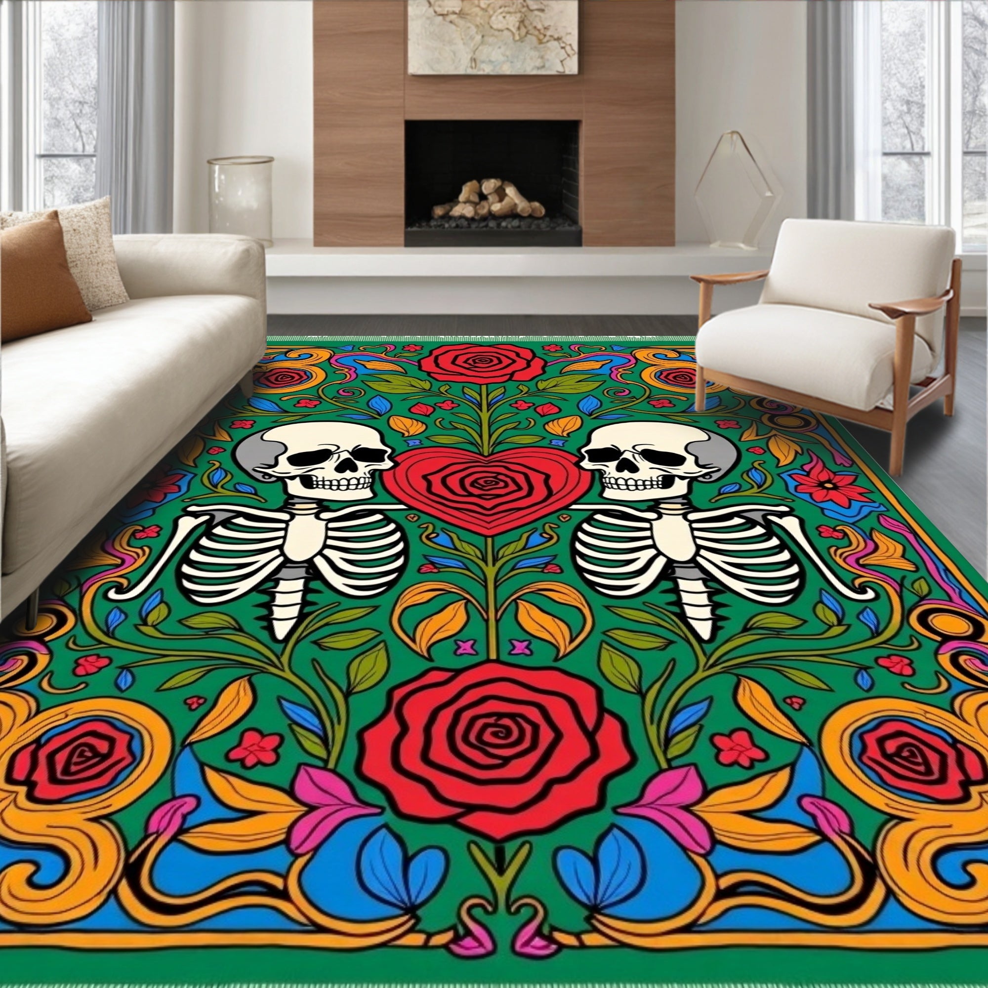 Skeleton Love Rose Floral Garden Rug