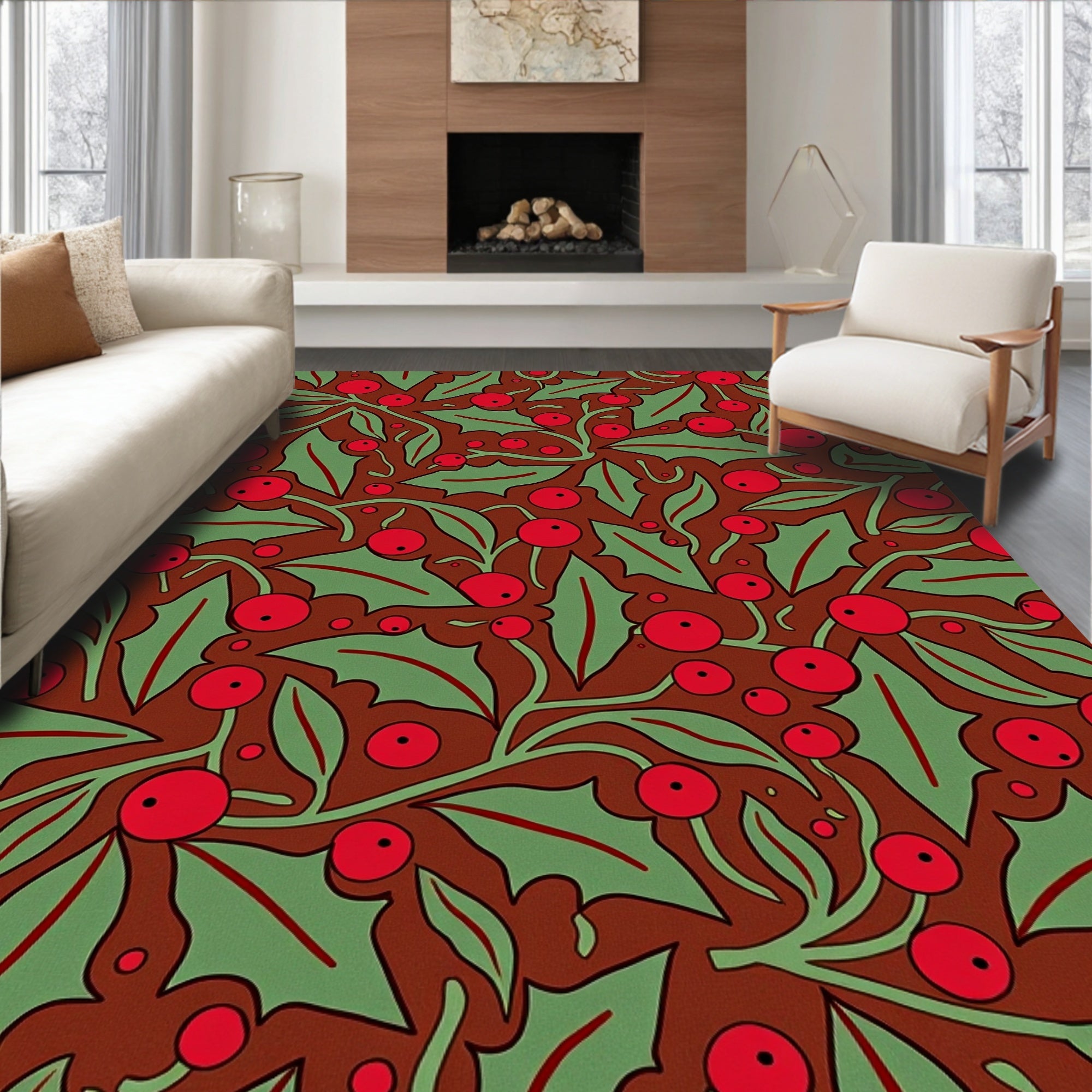 Retro Holly Berry Botanical Print Rug