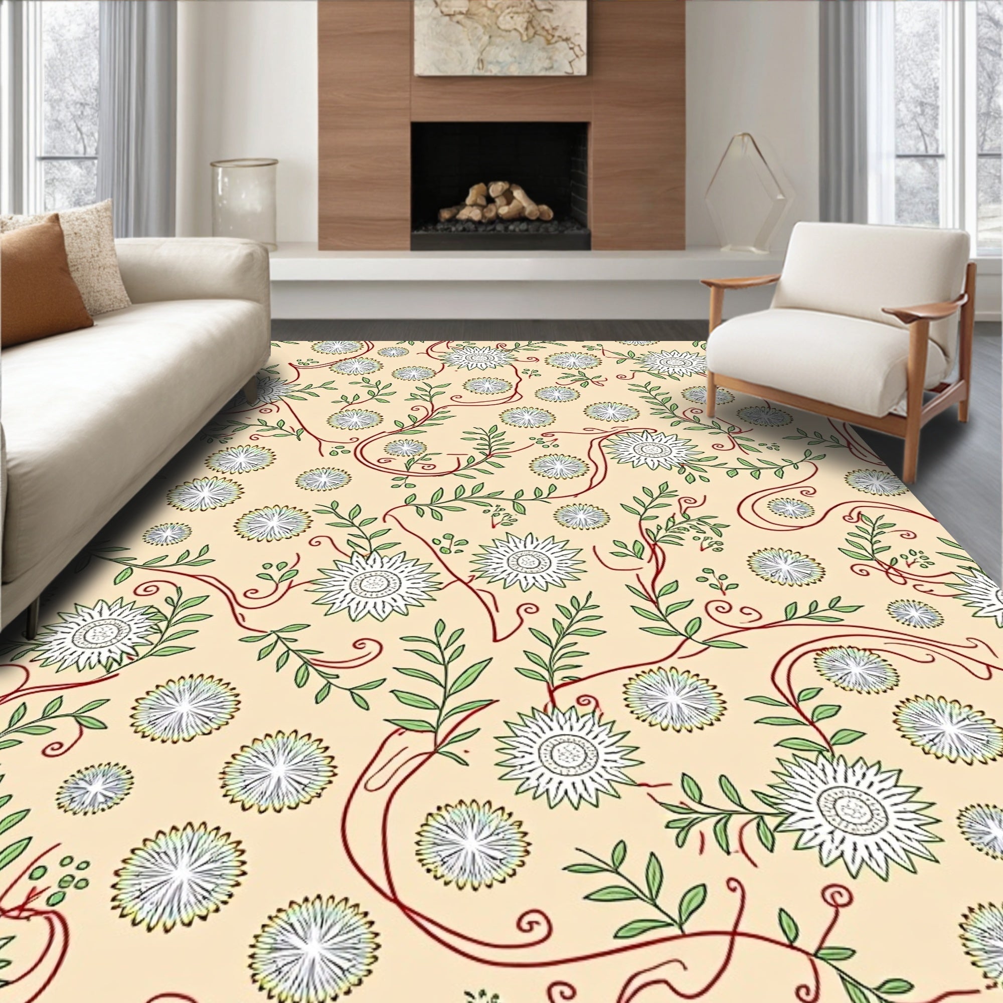 Cream Floral Vine Botanical Garden Rug
