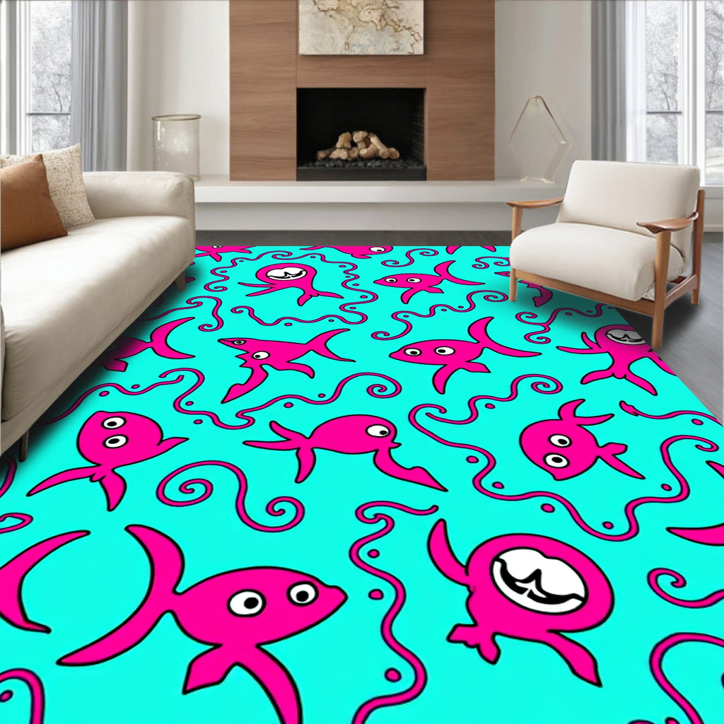 Funky pink sea creatures on teal Rug