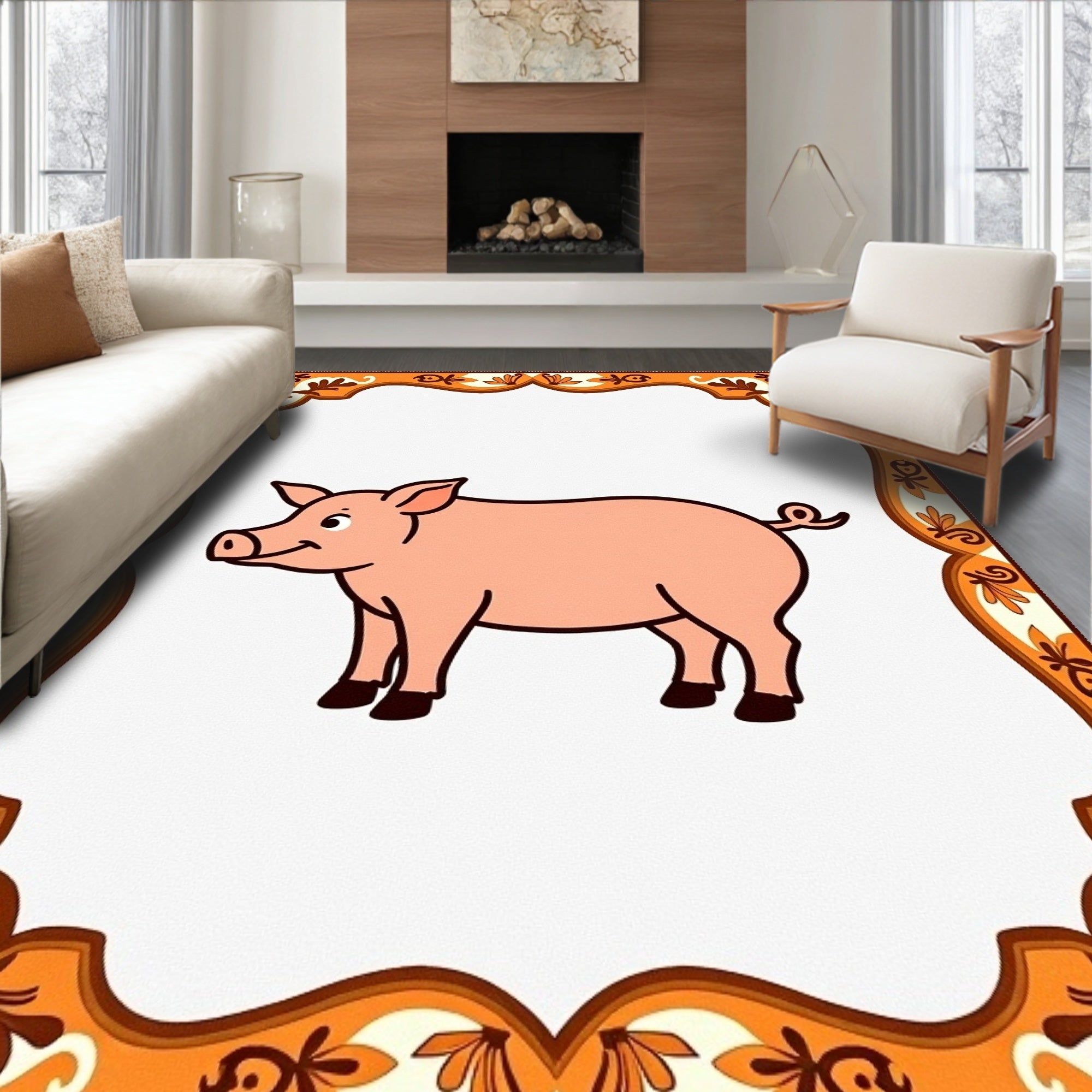Pink Piglet Floral Border Rug