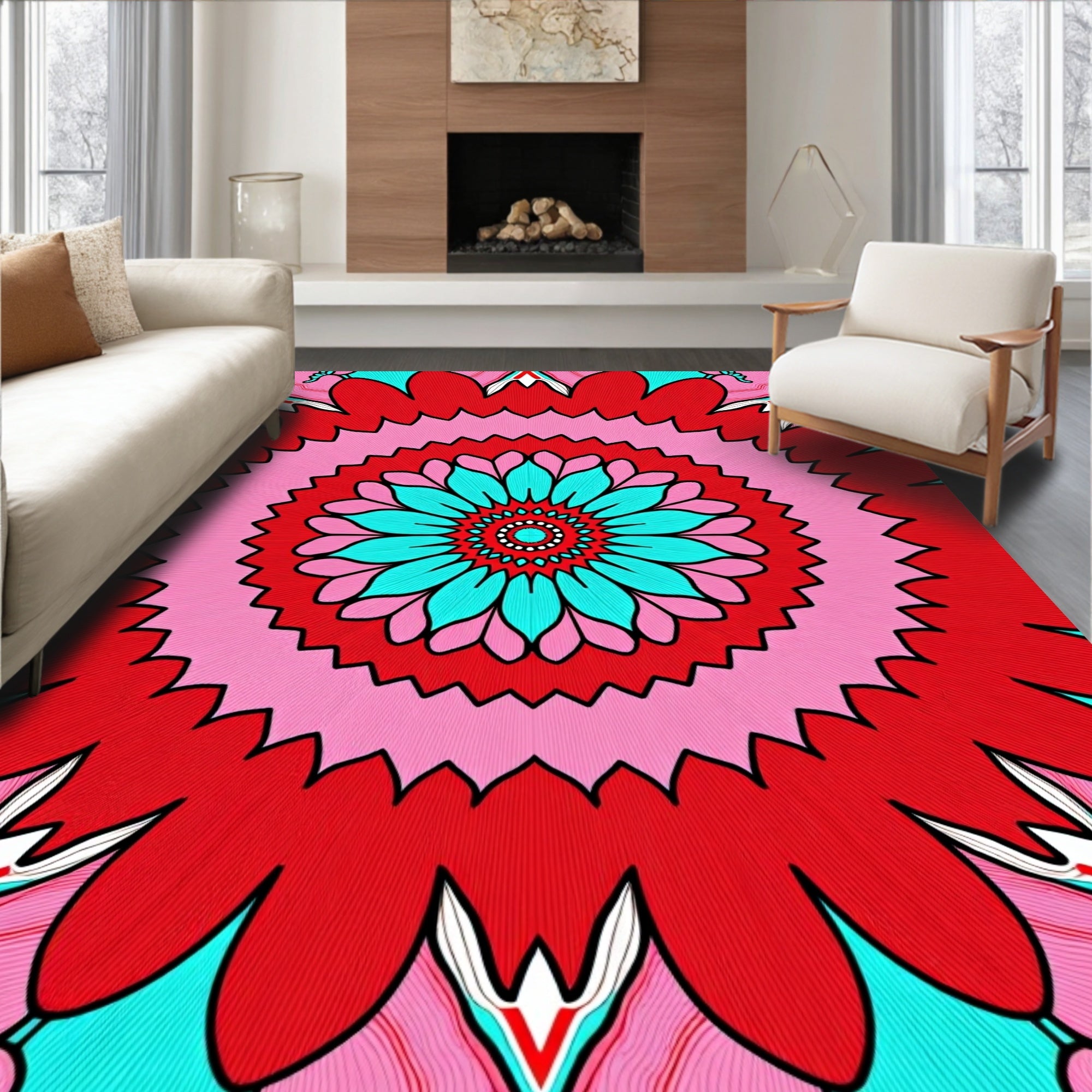 Vibrant Red Cyan Floral Medallion Rug