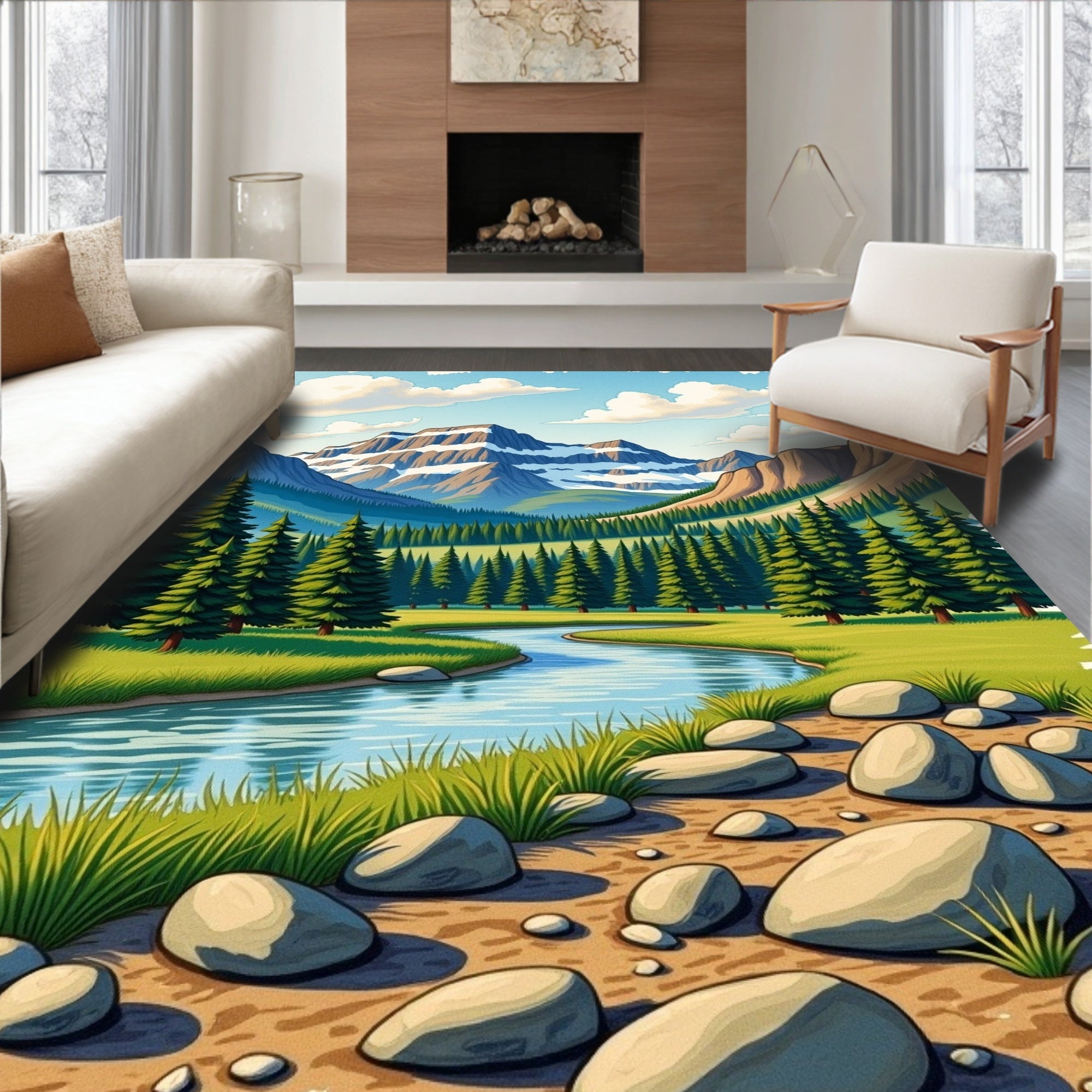 Mountain River Rocky Shore Landscape Rug