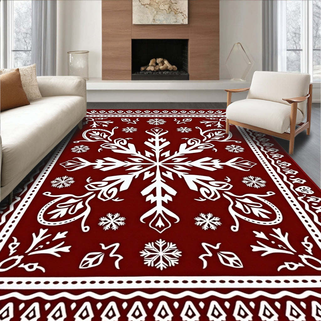 Burgundy Snowflake Floral Border Rug
