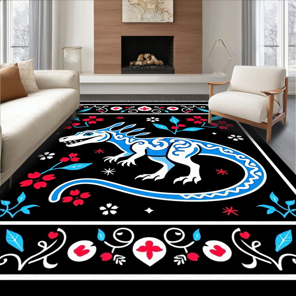 Blue White Dragon Floral Frame Rug