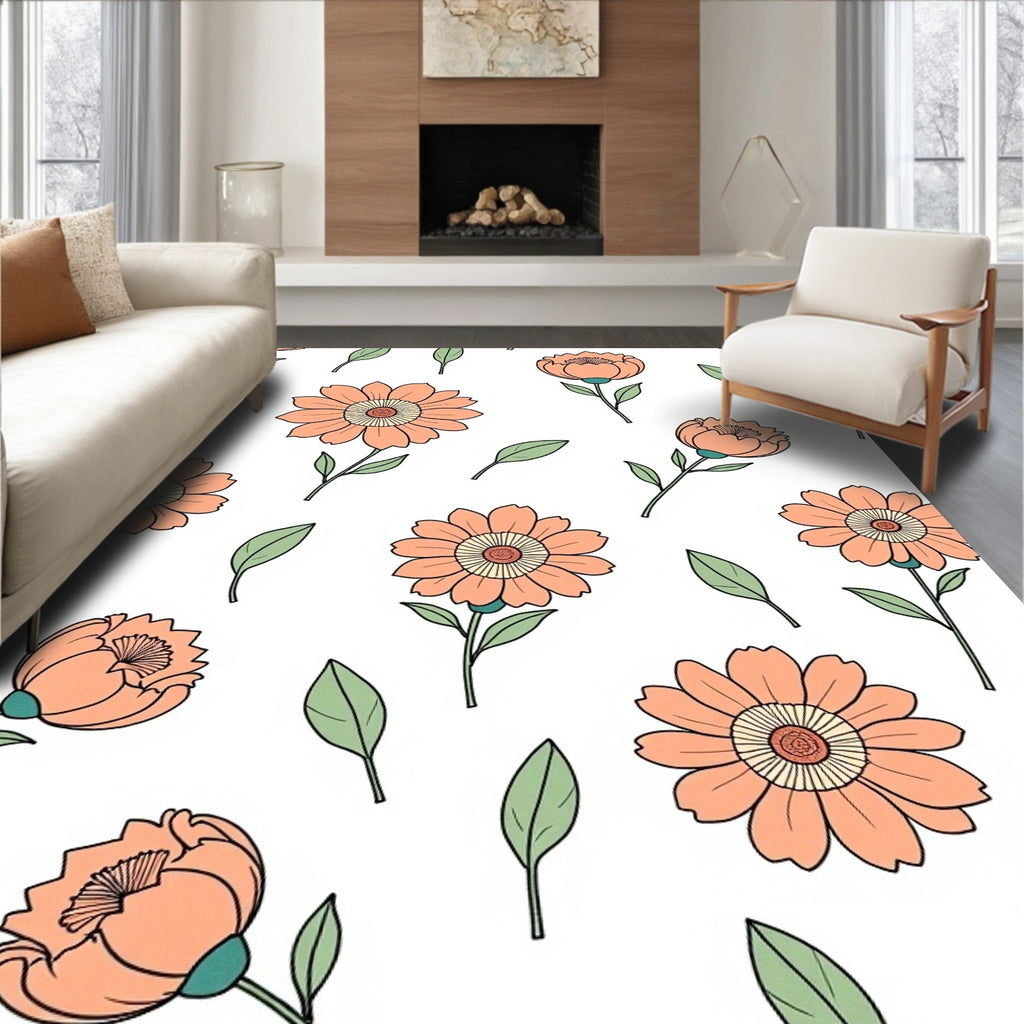 Whimsical Peach Floral Garden Rug