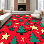Festive Red Evergreen Trees Snowflakes Stars Rug