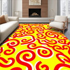 Bold Red Swirls on Bright Yellow Rug