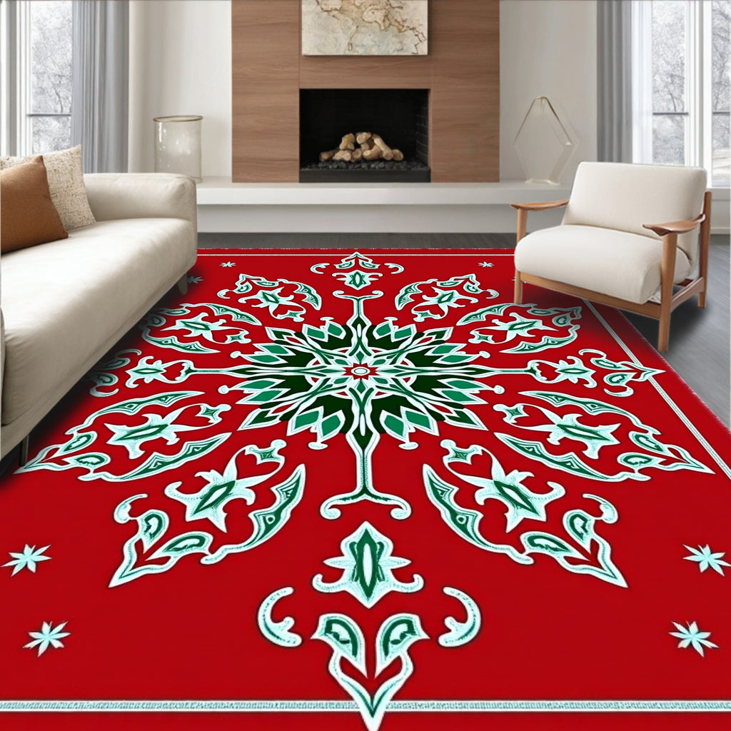 Red Snowflake Medallion Folk Art Rug