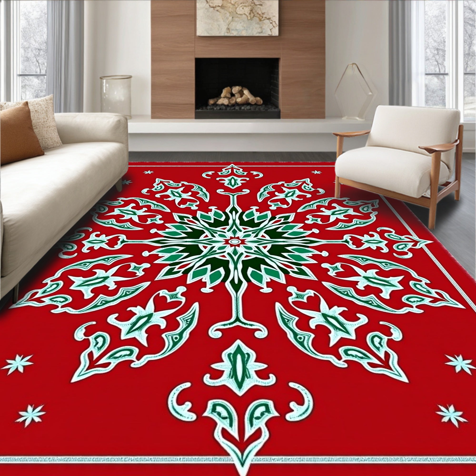 Red Snowflake Medallion Folk Art Rug