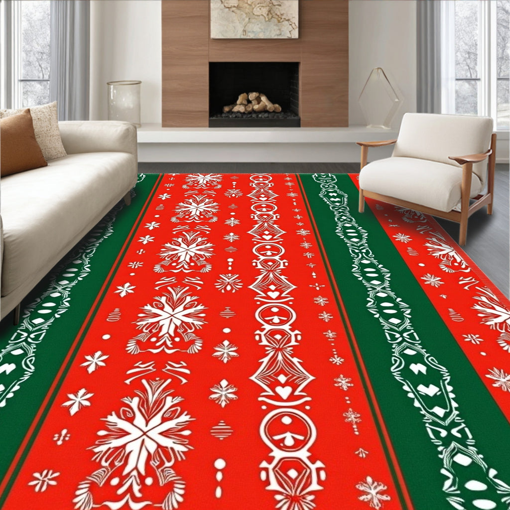 Crimson And Green Festive Snowflakes Rug