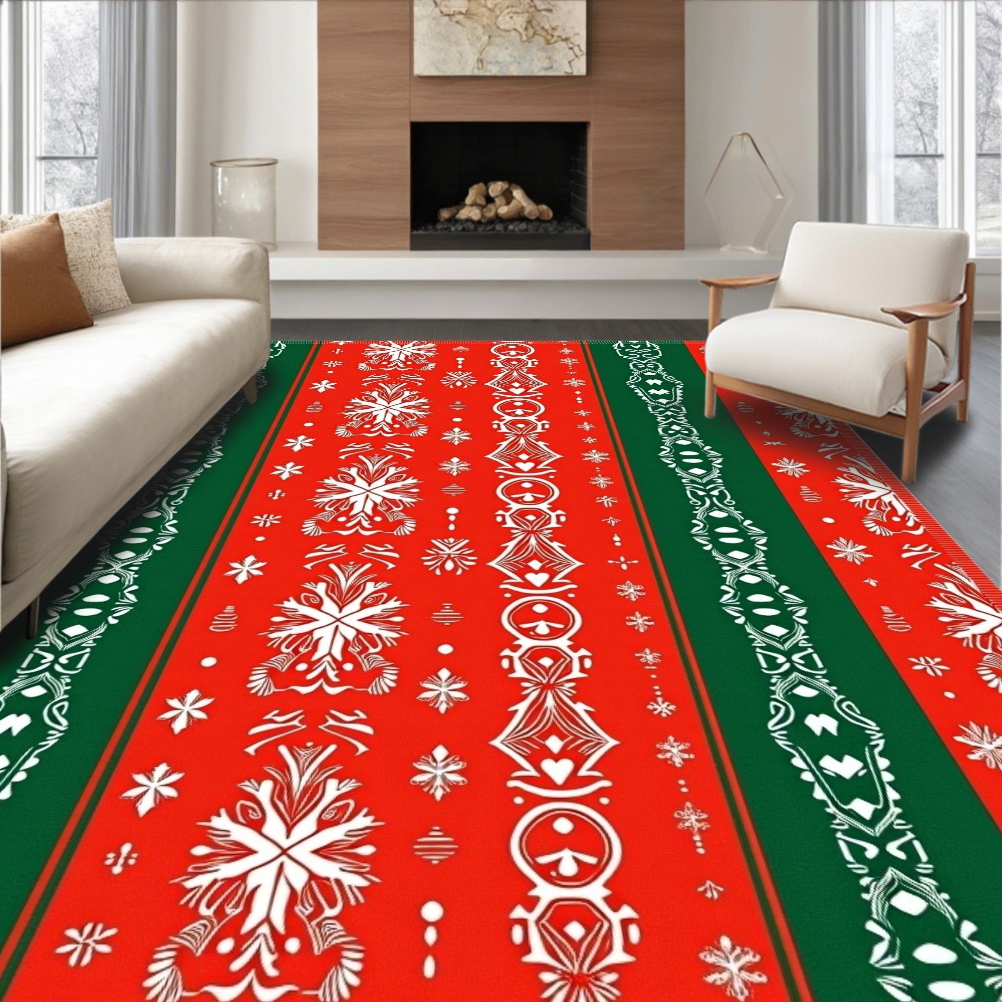 Crimson And Green Festive Snowflakes Rug
