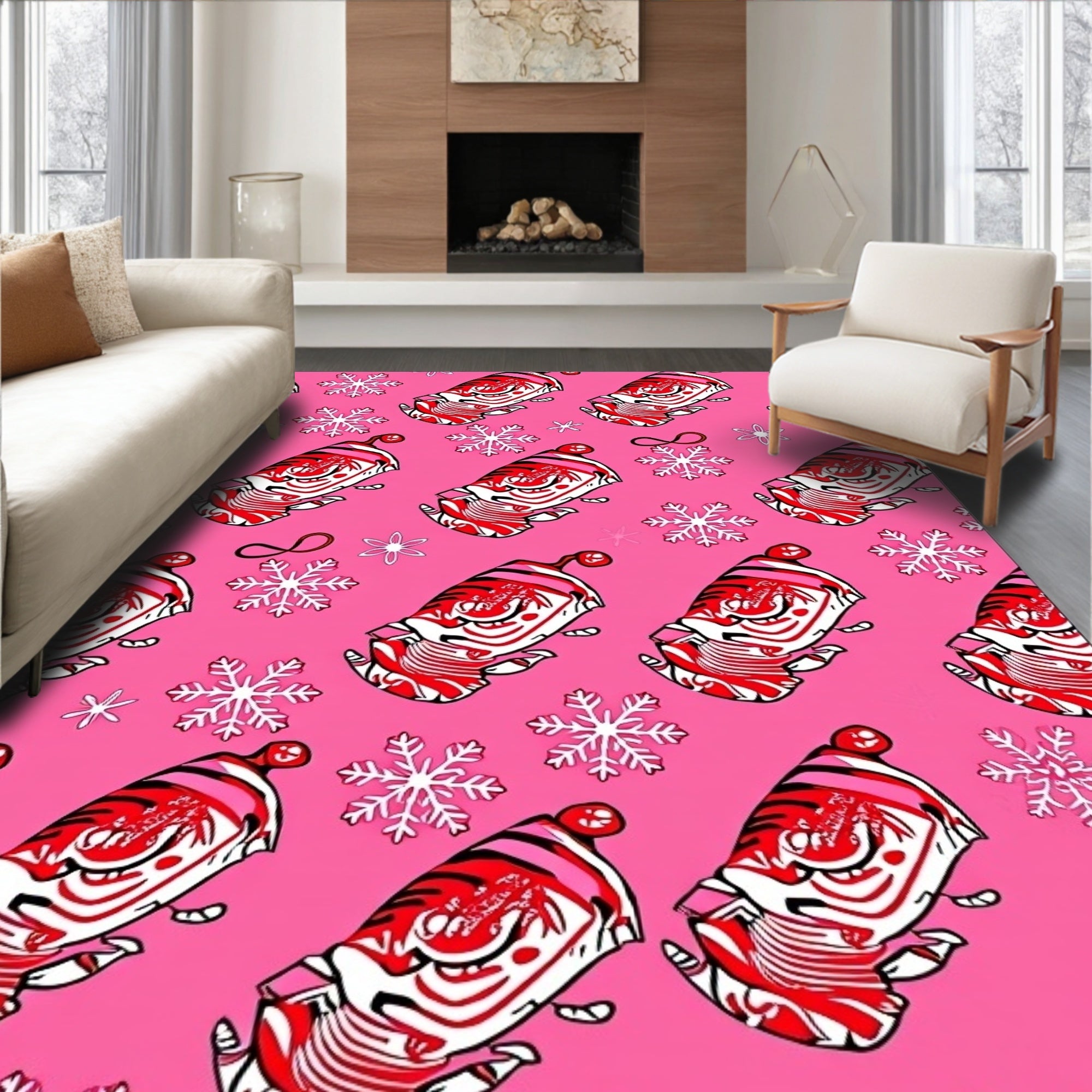 Pink Red White Snowflake Candy Canes Rug