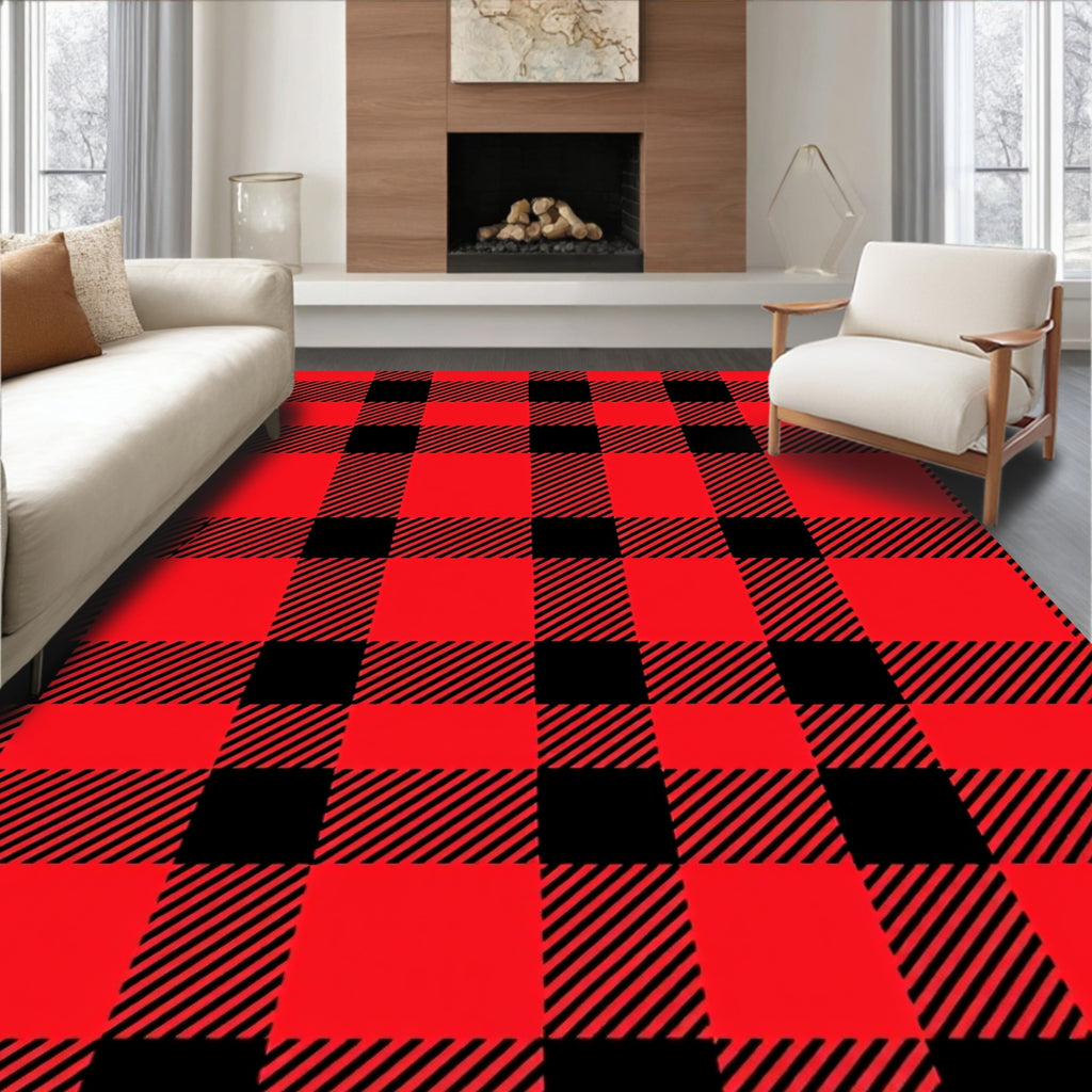 Classic Red Black Plaid Check Rug