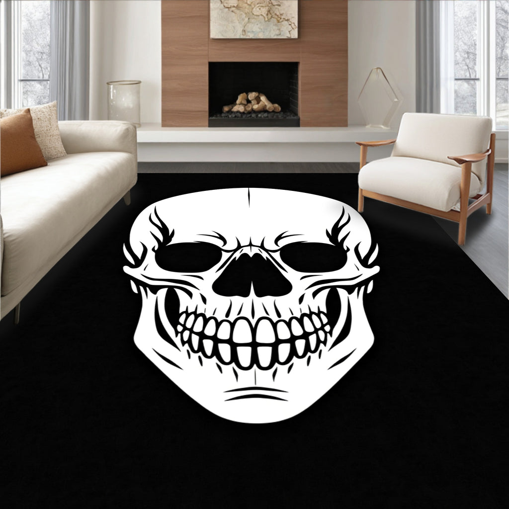 Classic White Skull Black Graphic Rug