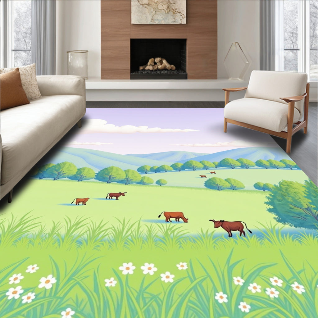 Whimsical Cow Grazing Meadow Field Rug