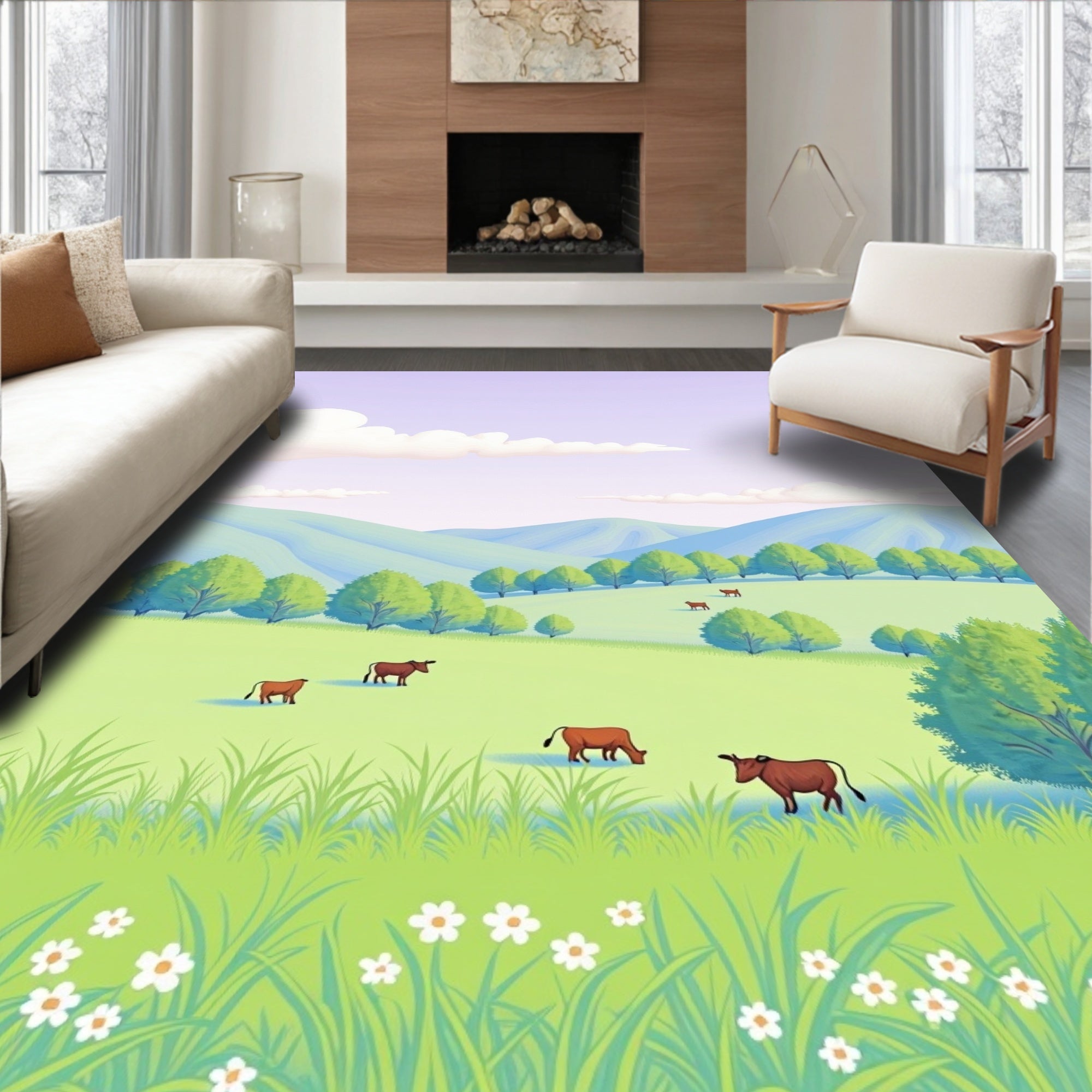 Whimsical Cow Grazing Meadow Field Rug