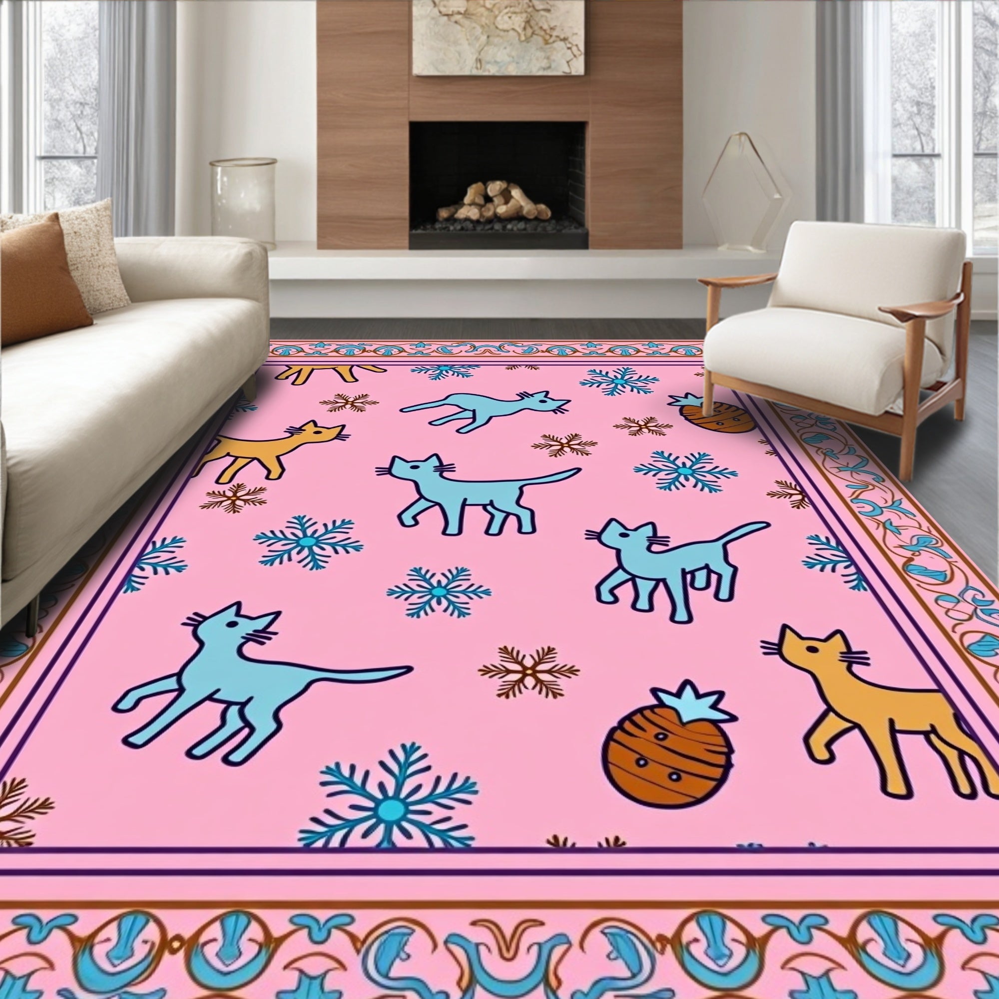 Pink Whimsical Cat Snowflake Pineapple Rug