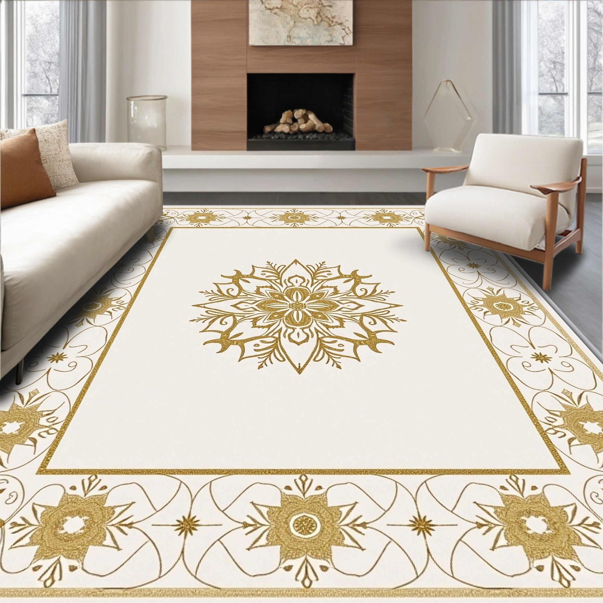 Ornate Golden Mandala Border Rug
