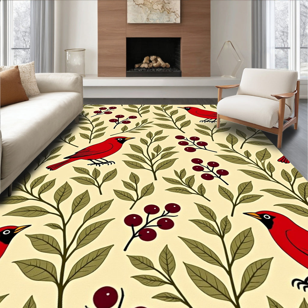 Red Cardinal Branch Berry Arrangement Rug