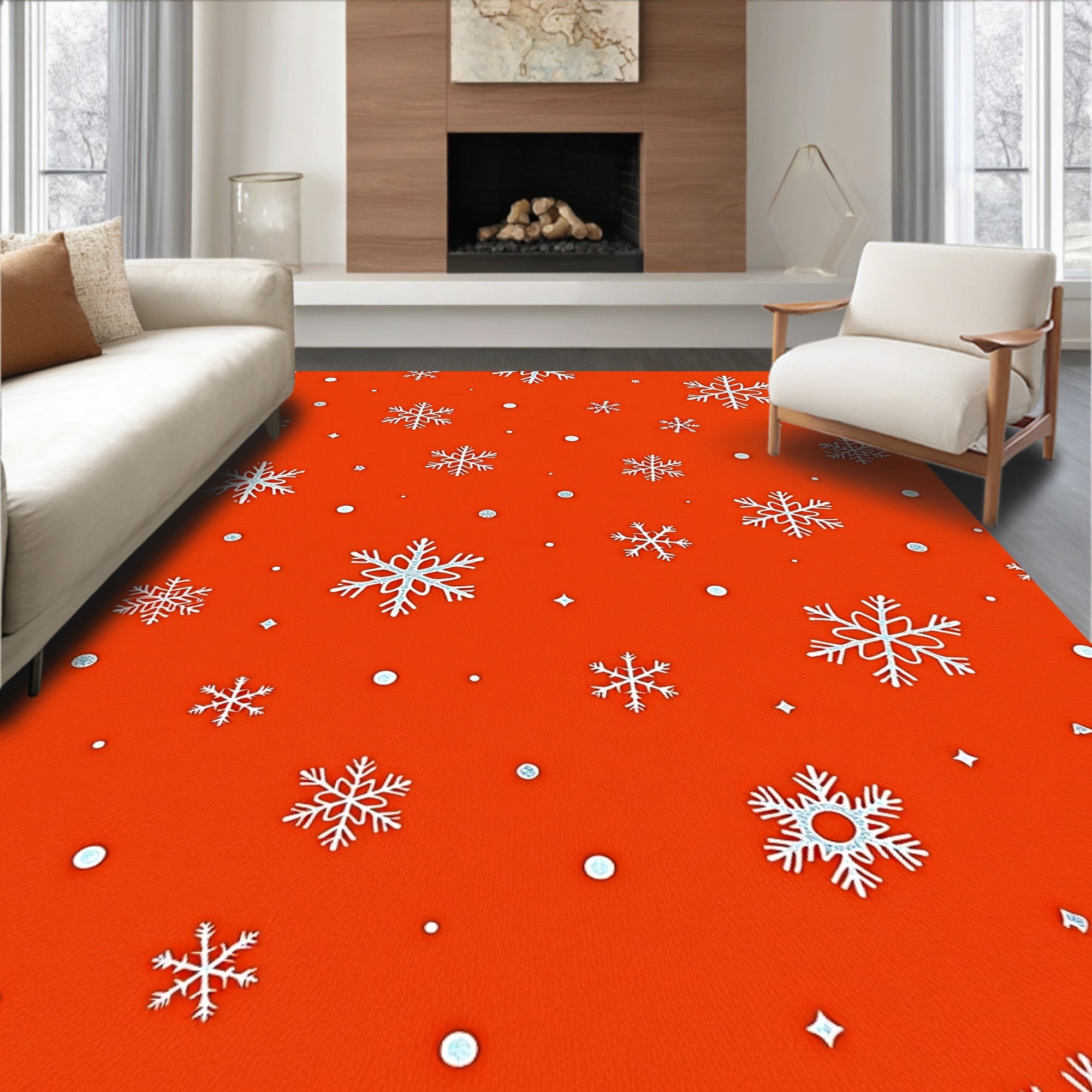 Orange Snowflakes Glitter Scattered Rug