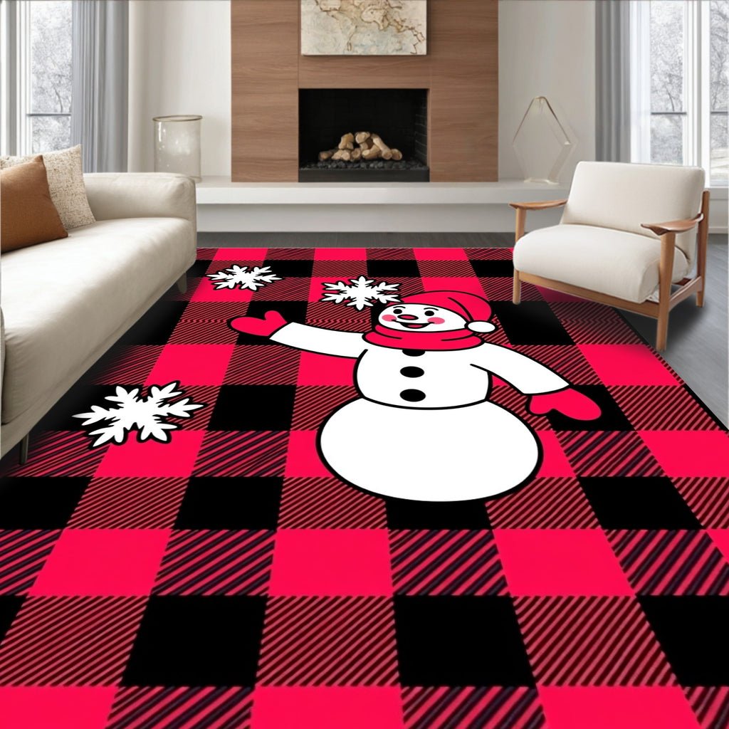 Red Buffalo Plaid Snowman Snowflakes Rug