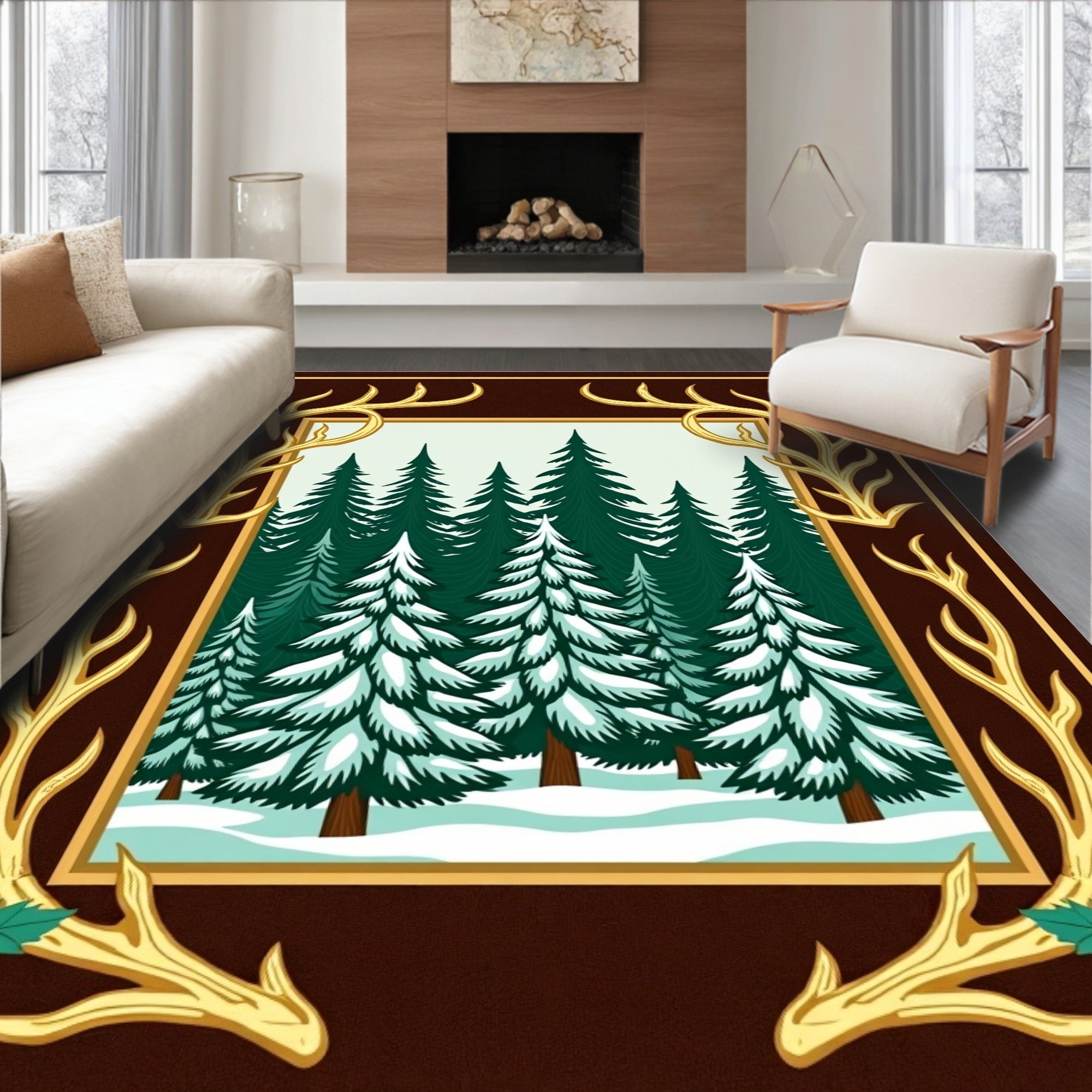 Golden Antler Snowy Forest Scene Rug
