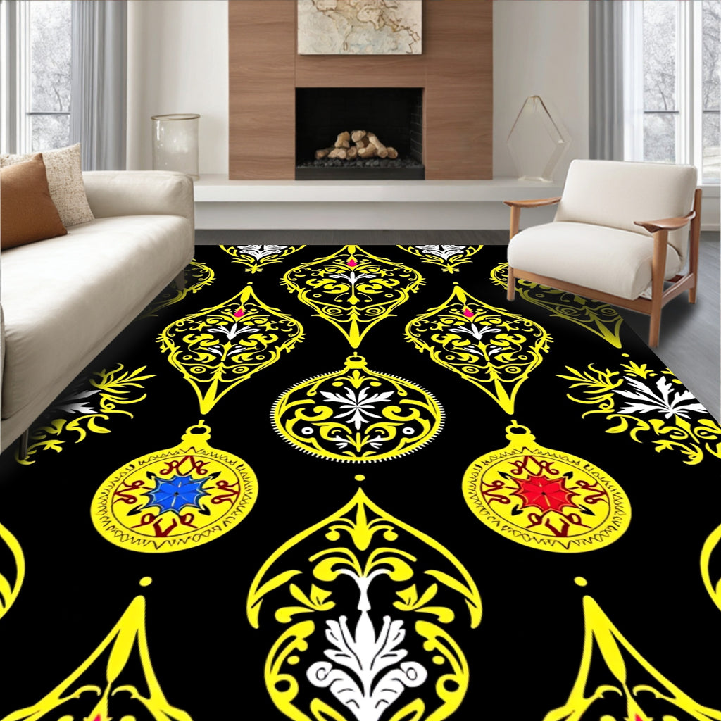 Yellow Black Ornate Medallion Ornament Rug
