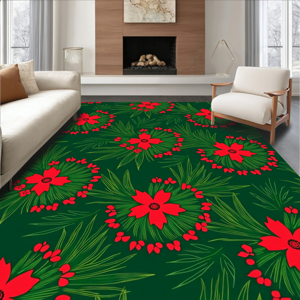 Red Crimson Wreath Floral Greenery Rug