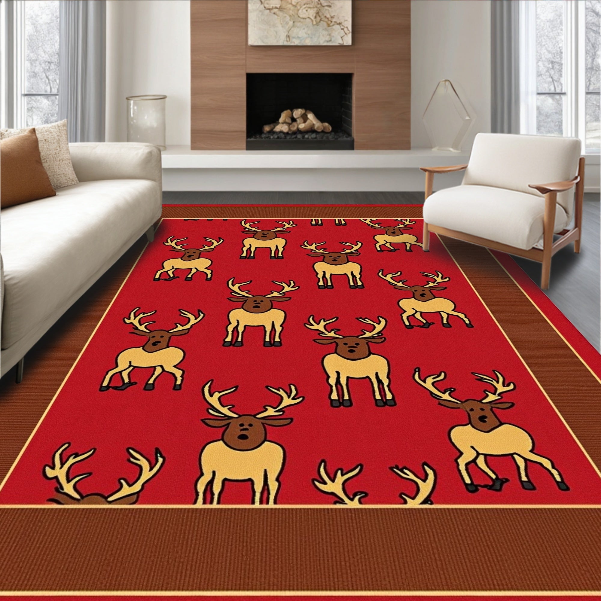 Red Reindeer Collage Border Rug